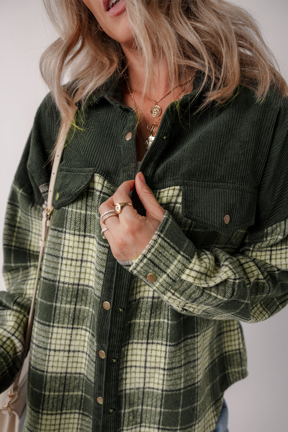 Blackish Green Snap Button Plaid Shacket with Corduroy Patchwork