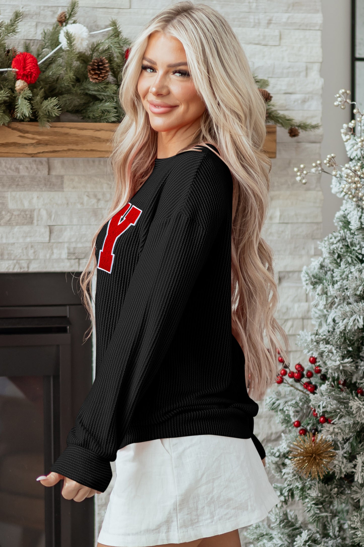 Corduroy MERRY Letter Christmas Pullover Sweatshirt