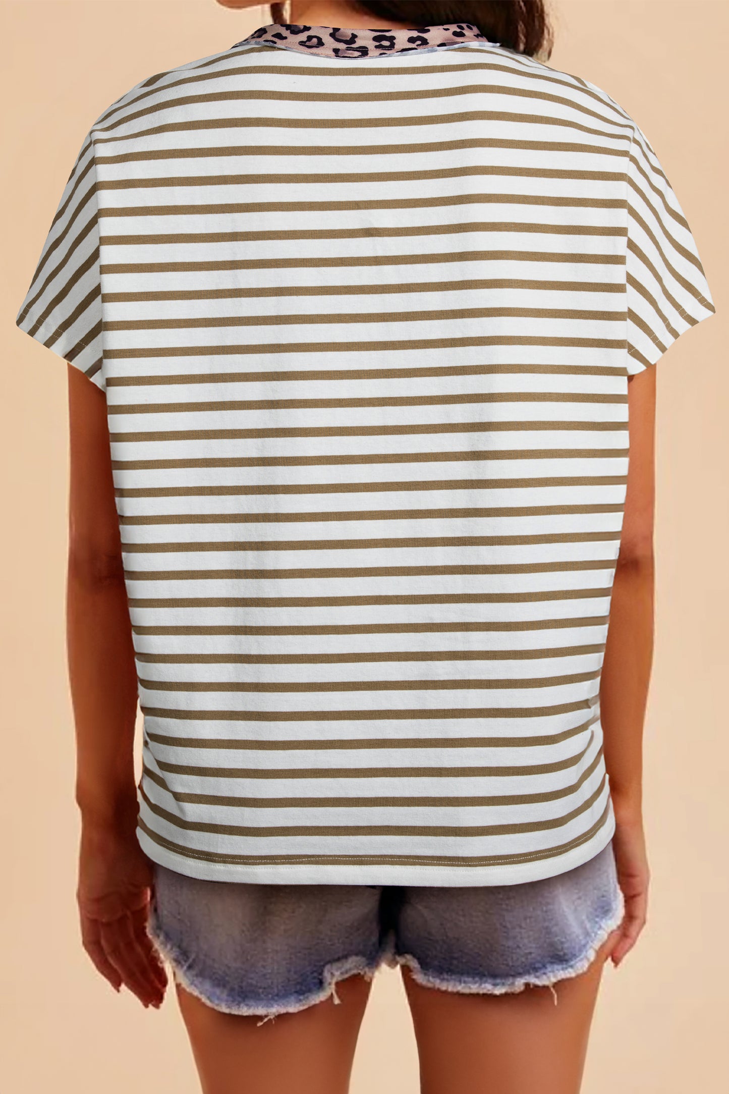 Striped Leopard Trim Tee Casual Loose Fit T Shirt