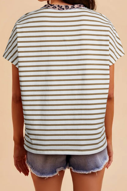 Striped Leopard Trim Tee Casual Loose Fit T Shirt