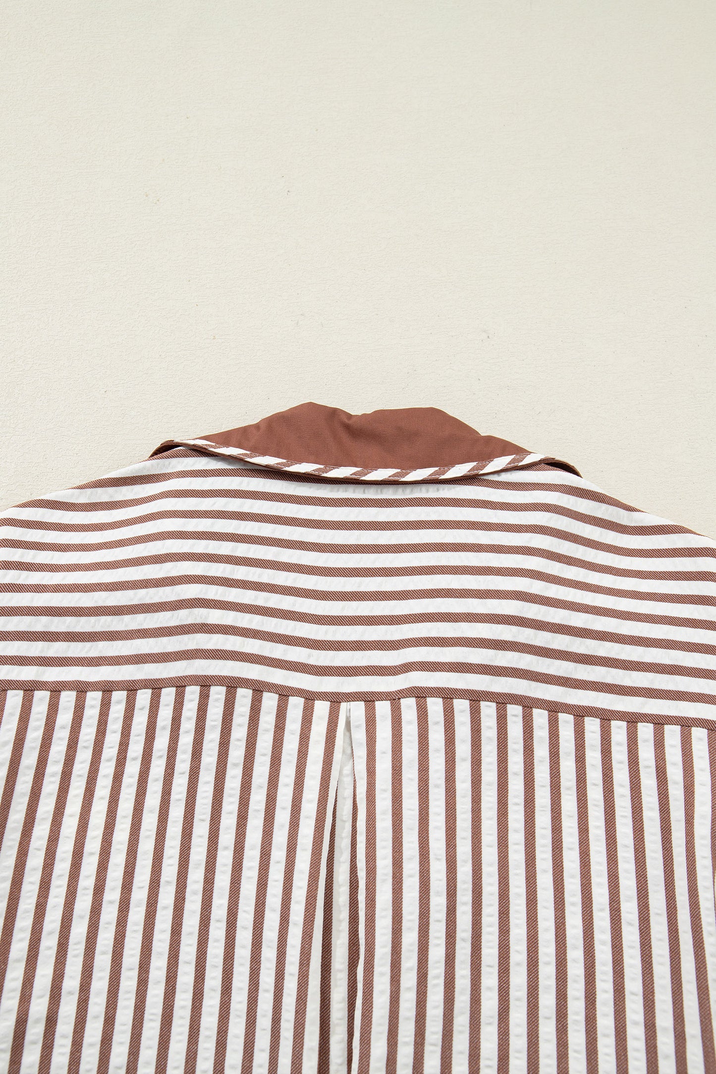 Khaki Striped Split Neck Puff Sleeve Blouse Top