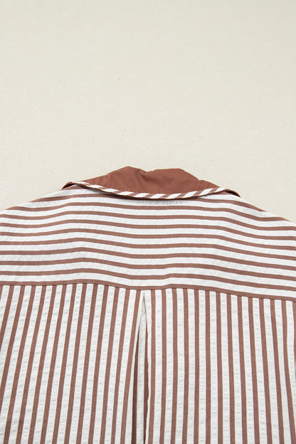 Khaki Striped Split Neck Puff Sleeve Blouse Top