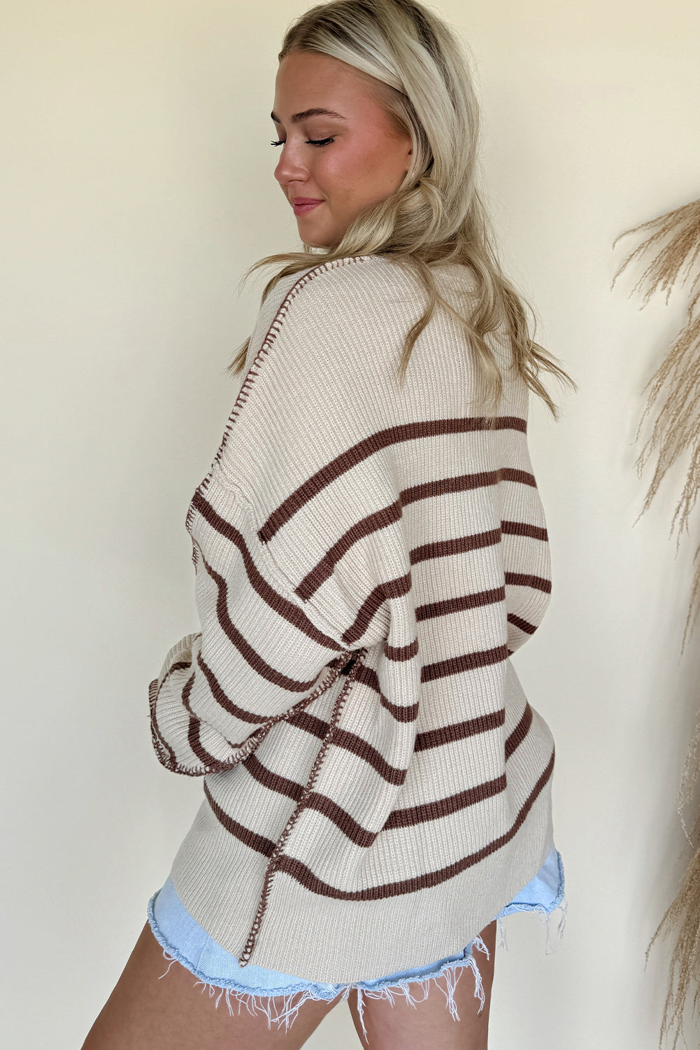 Striped Ribbed Henley Sweater Drop Shoulder Pullover
