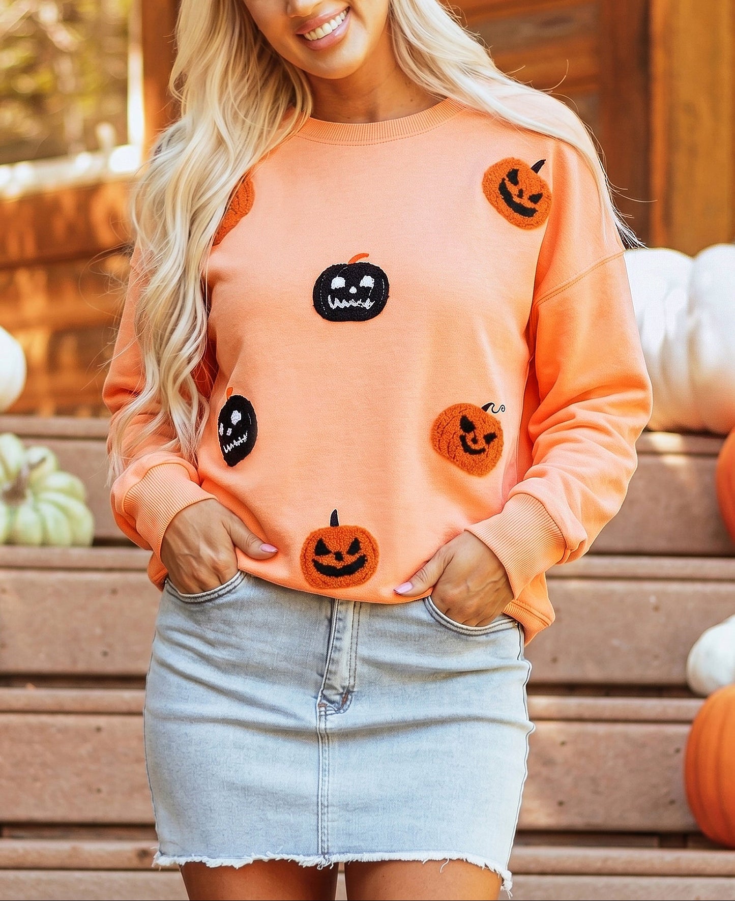 Pumpkin Sweatshirt Halloween Embroidered Oversized Fit