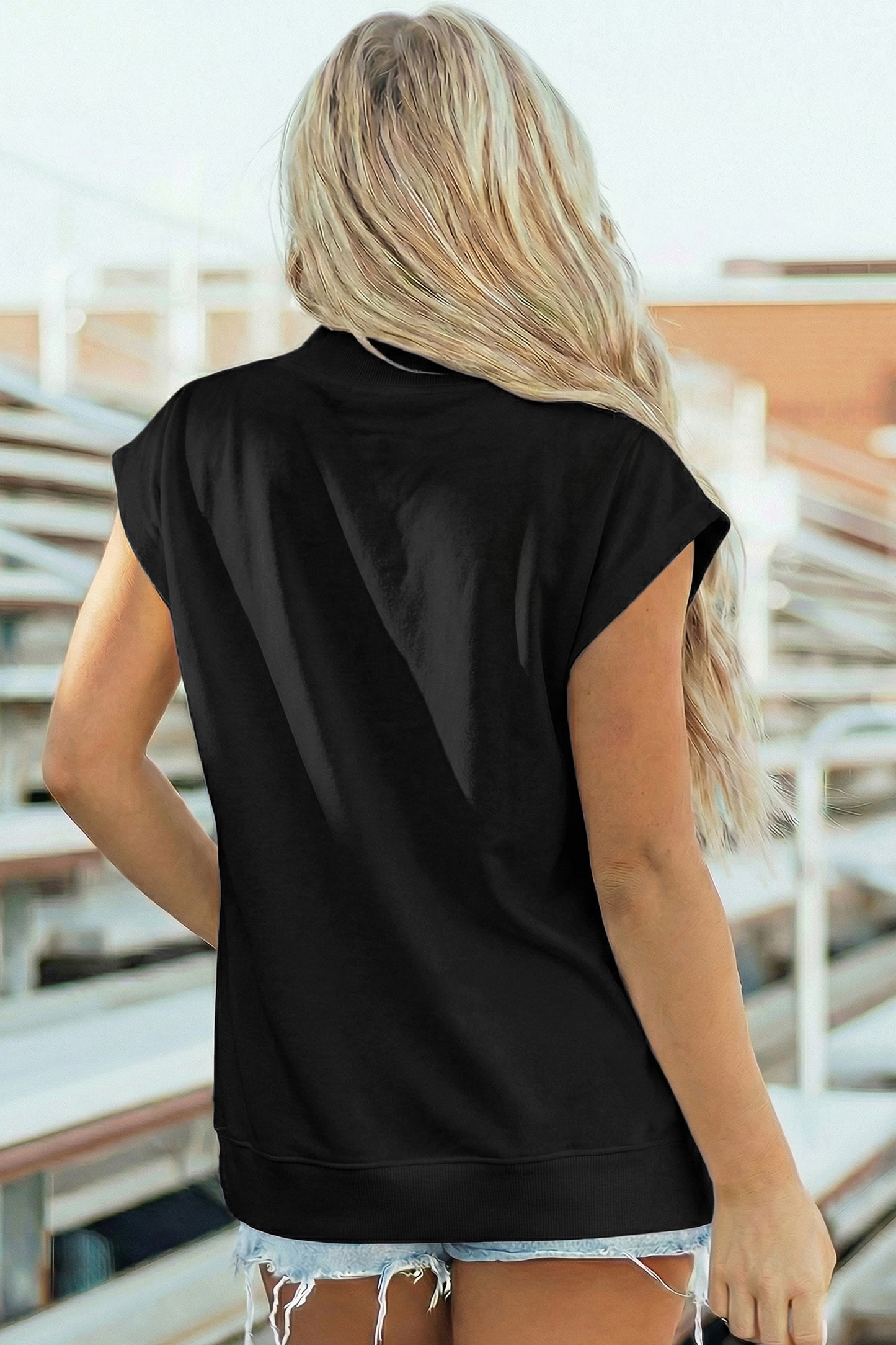 High Neck Cap Sleeve Loose Casual Top
