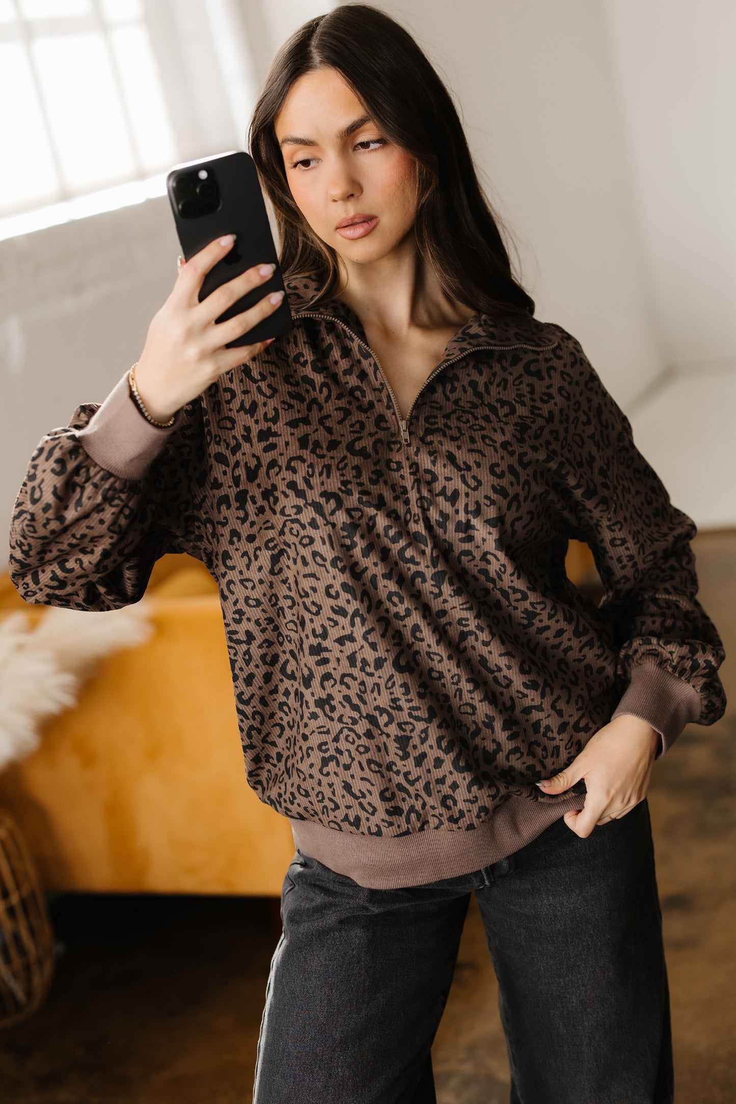 Leopard Print Quarter Zip Corduroy Pullover