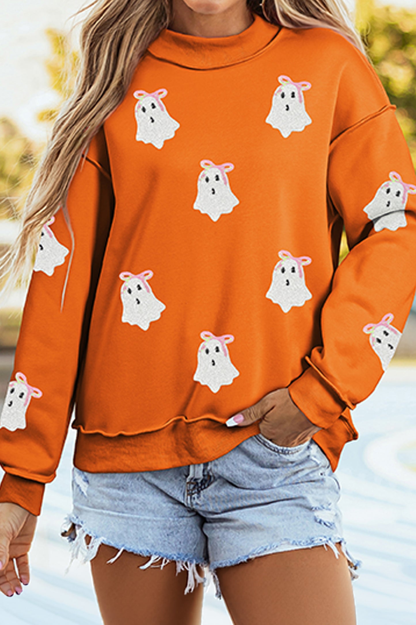 Sequin Ghost Mock Neck Halloween Sweatshirt