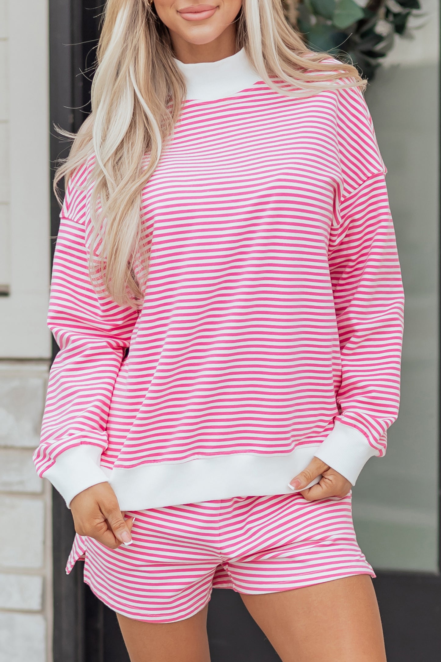 Pink Stripe Oversized Mock Neck Sweatshirt Shorts Set