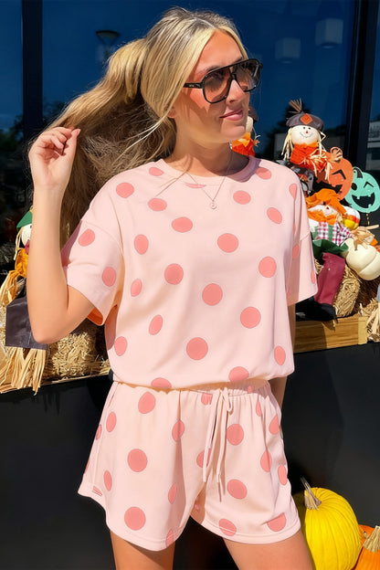 Polka Dot Lounge Set Tee and Drawstring Shorts Set