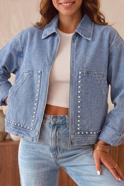Pearl Studded Oversized Denim Zip Front Jacket