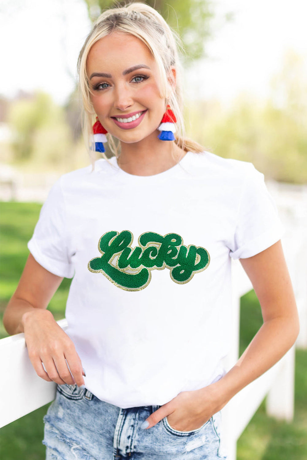 White Lucky Chenille Patch Graphic Tee for St Patrick