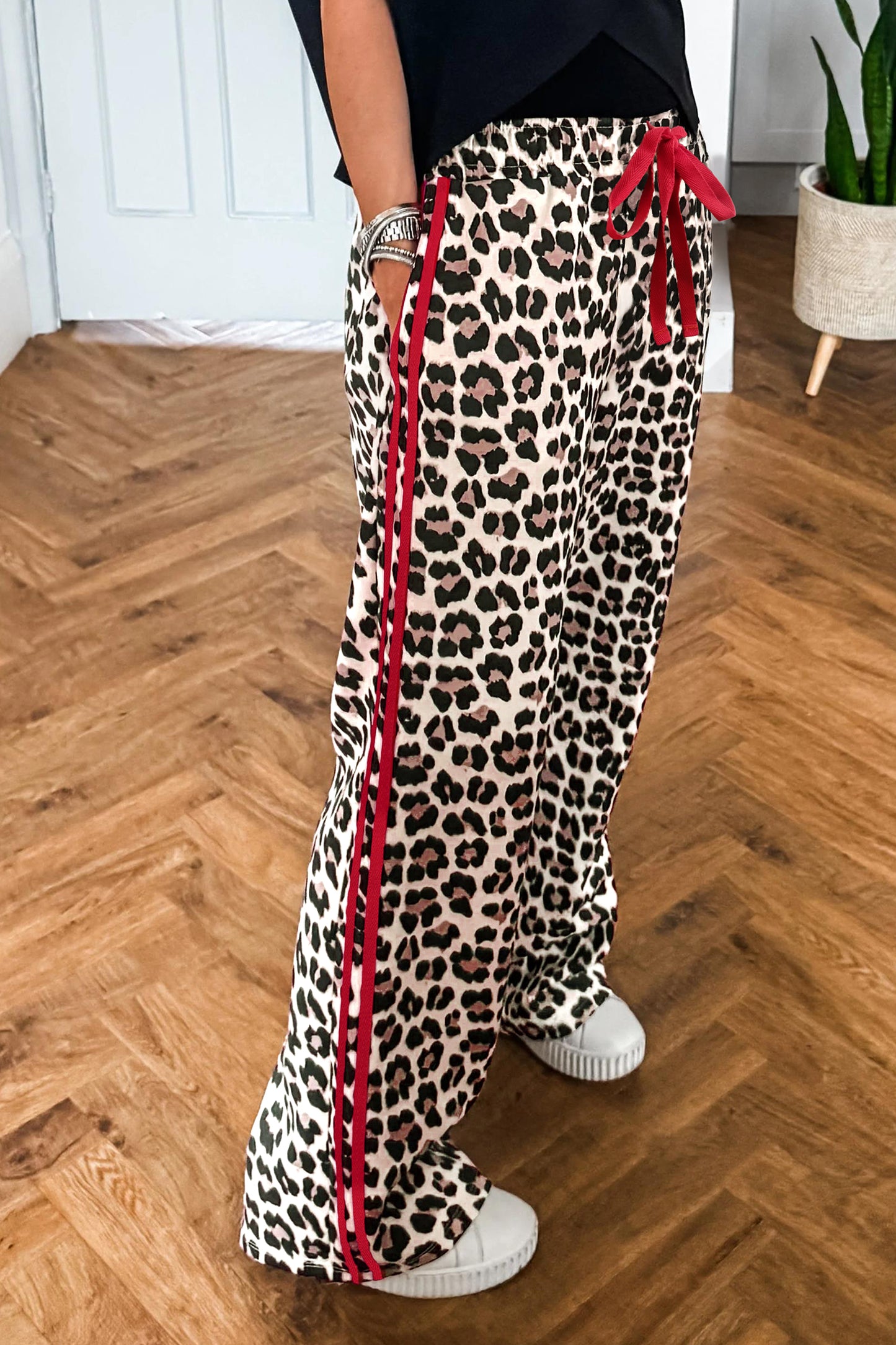 Leopard Print Tie Waist Wide Leg Lounge Pants Women