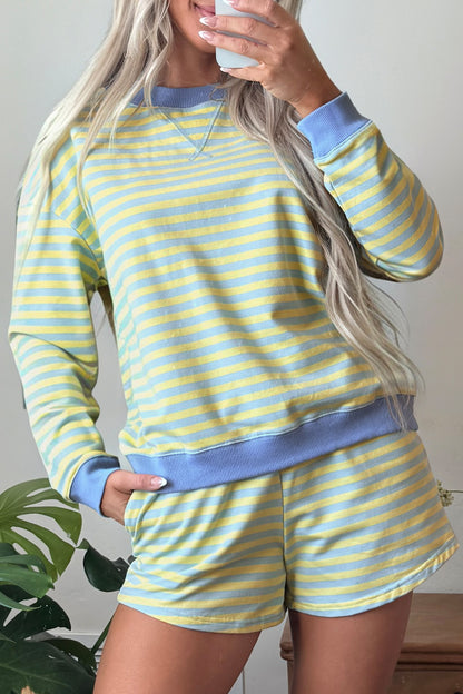 Striped Long Sleeve Pullover and Shorts Lounge Set