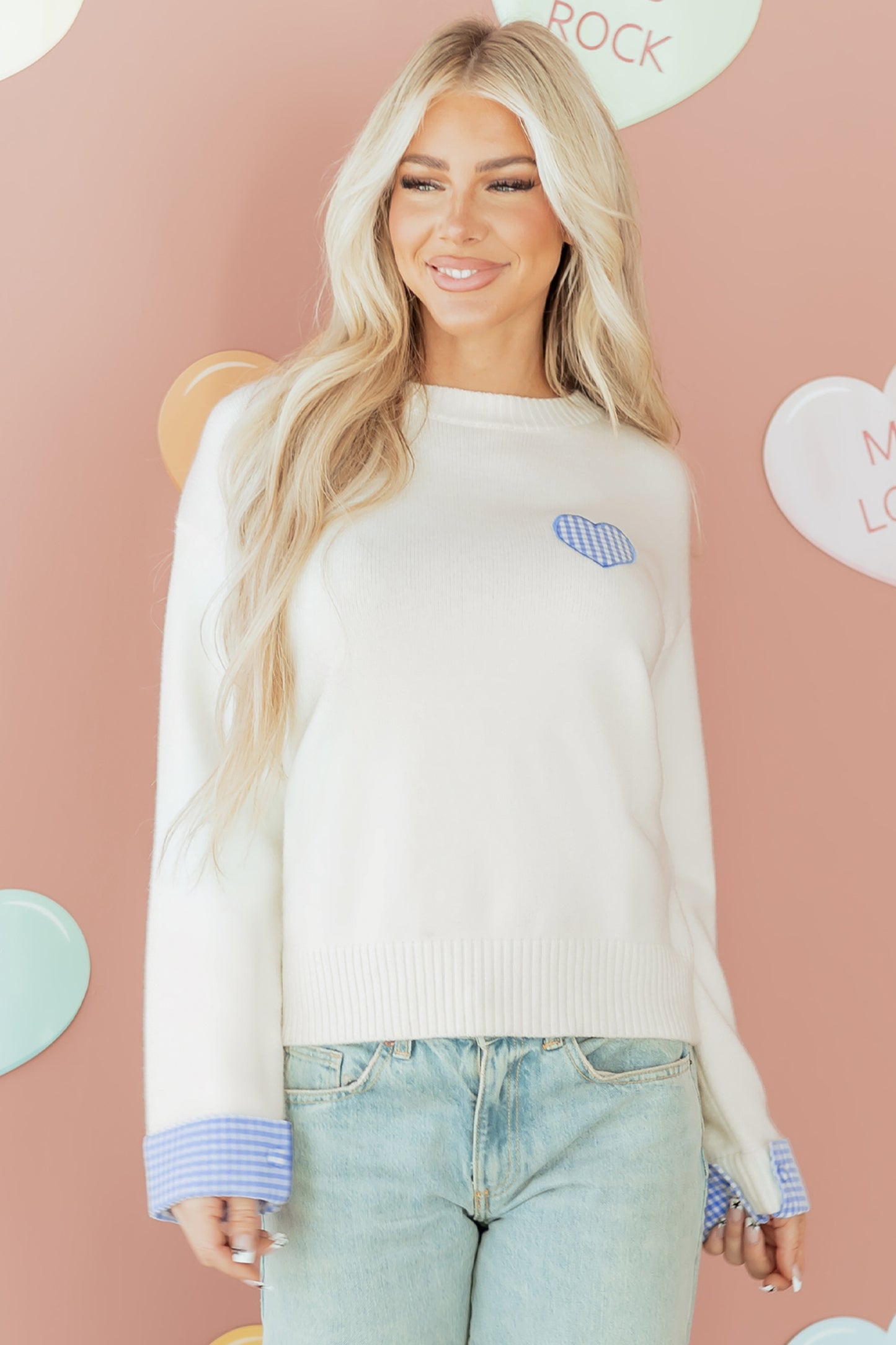 Valentine’s Day Light Pink Plaid Heart Crewneck Sweater