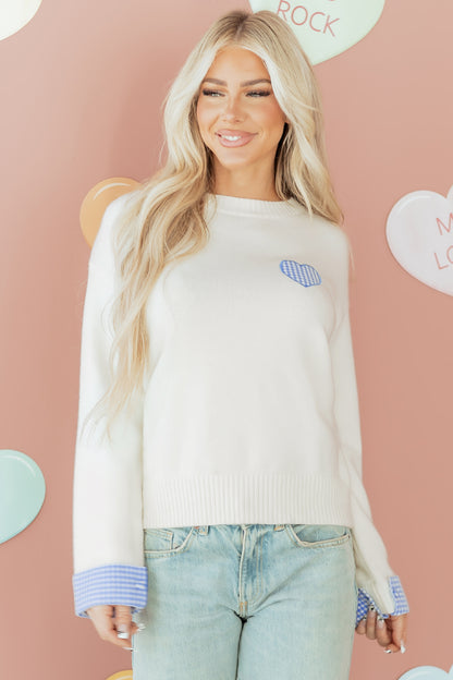 Valentine’s Day Light Pink Plaid Heart Crewneck Sweater