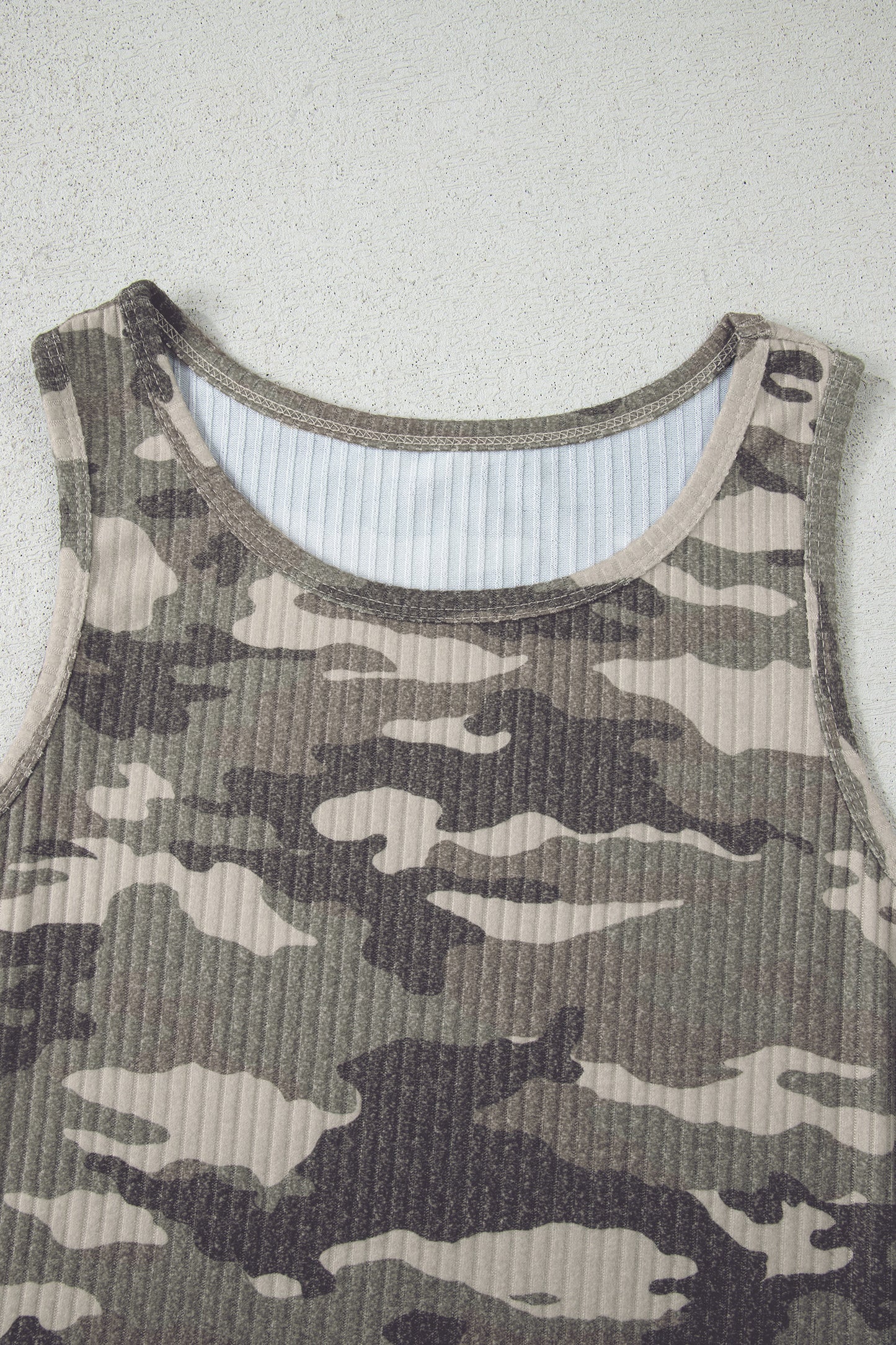 Green Camo Ribbed Knit Scoop Neck Tank Top
