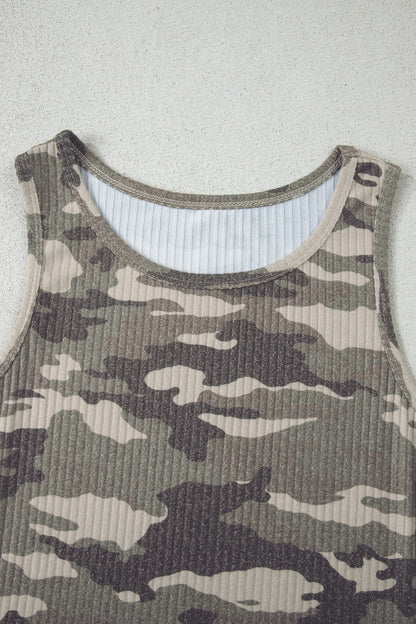Green Camo Ribbed Knit Scoop Neck Tank Top