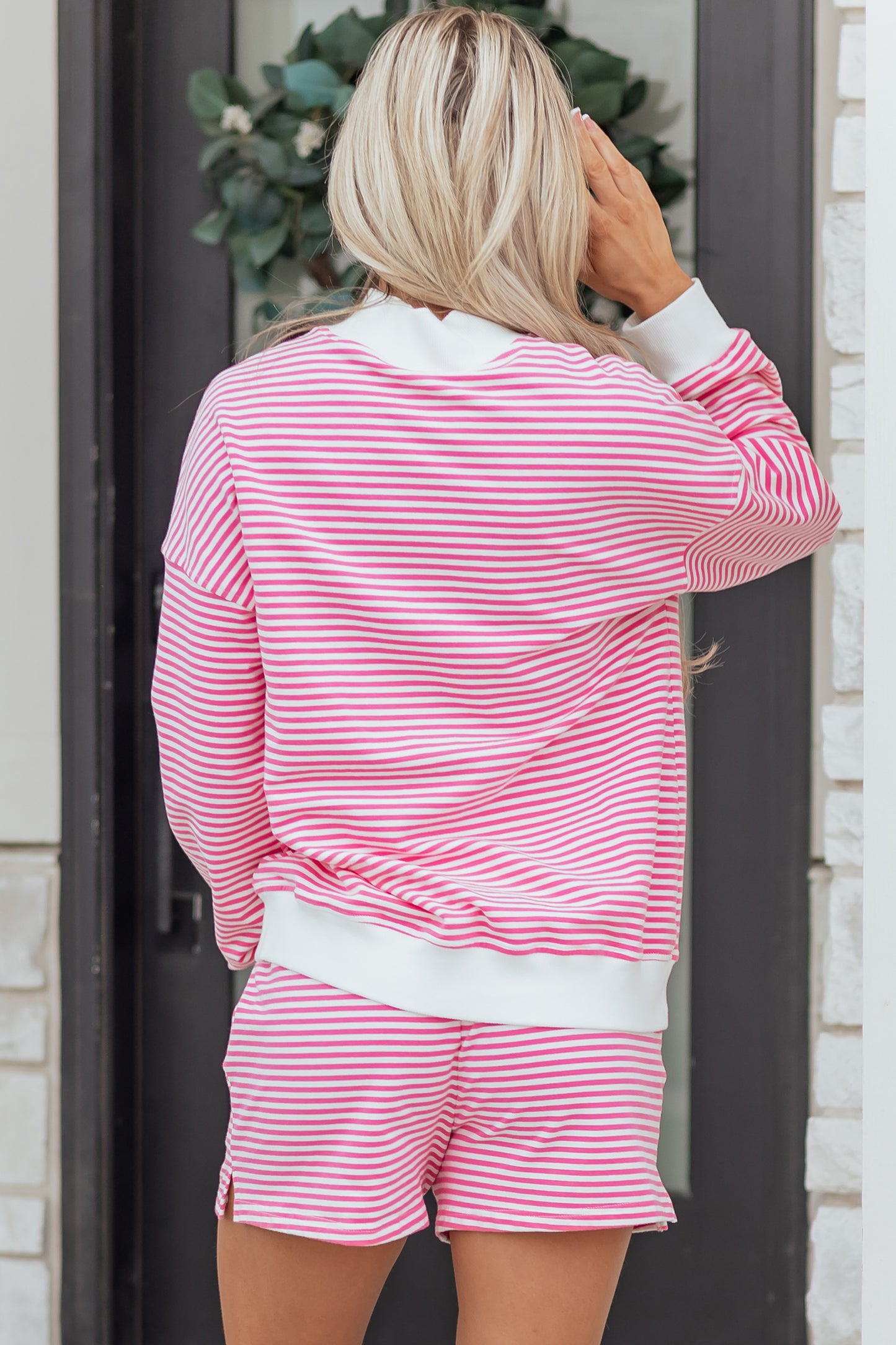 Pink Stripe Oversized Mock Neck Sweatshirt Shorts Set