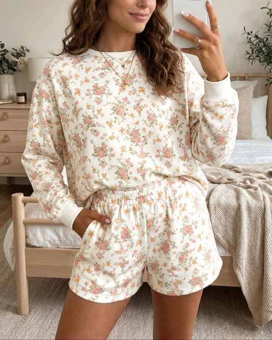 Floral Sweatshirt Shorts Set Women Lounge Two Piece Set