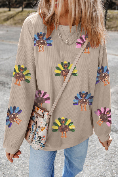 Sequined Turkey Corded Oversized Thanksgiving Sweatshirt