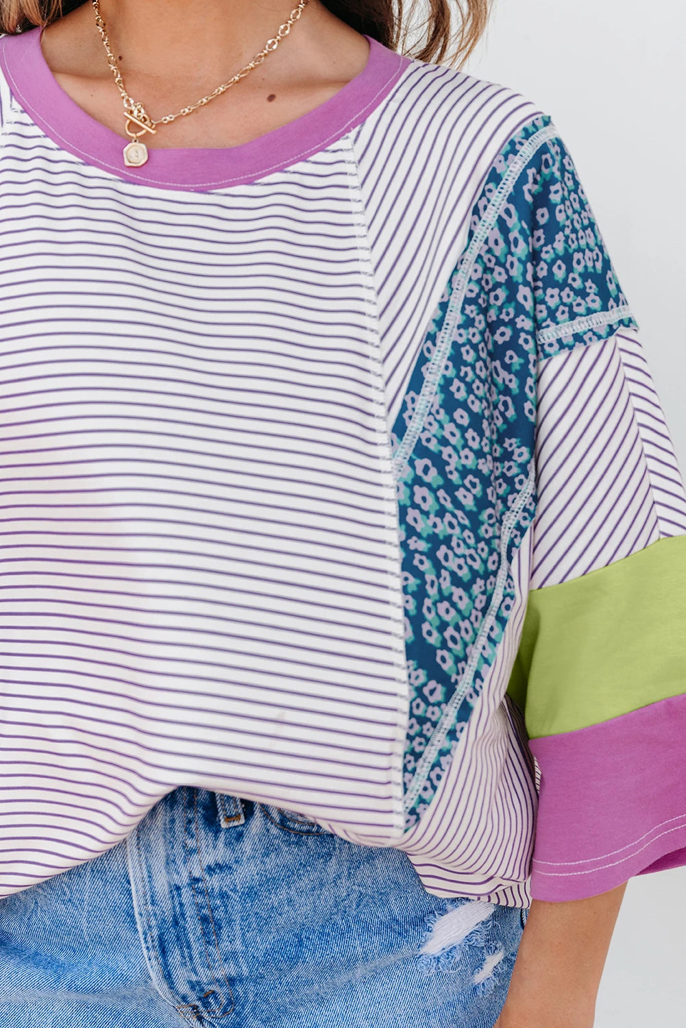 Striped Colorblock Oversized Top Casual Loose T Shirt