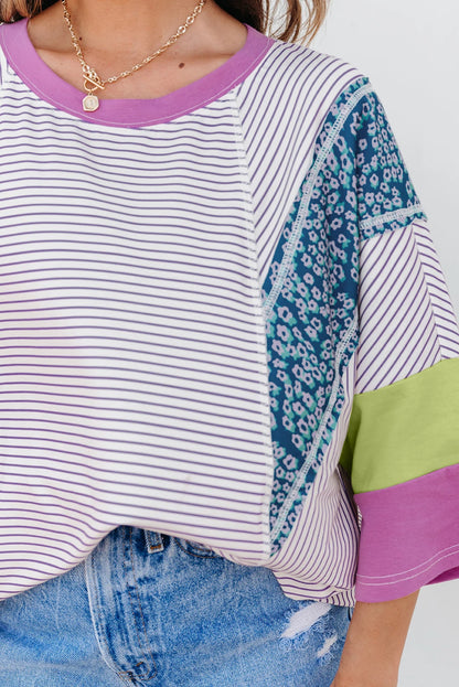 Striped Colorblock Oversized Top Casual Loose T Shirt