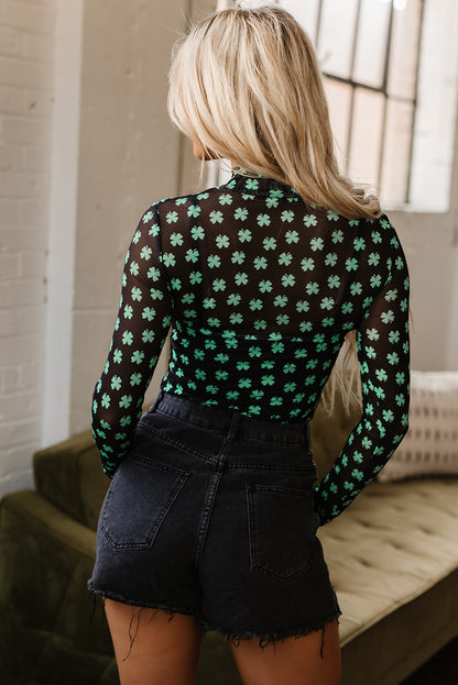 St. Patrick’s Day Shamrock Print Mesh Long Sleeve Bodysuit