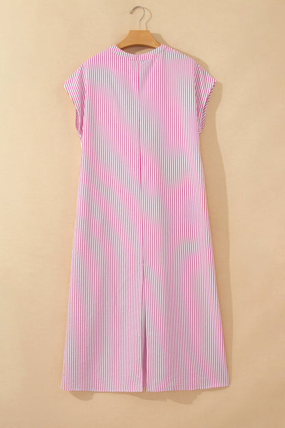 Black Stripe Ruffle Half-Button Short Sleeve Maxi Dress