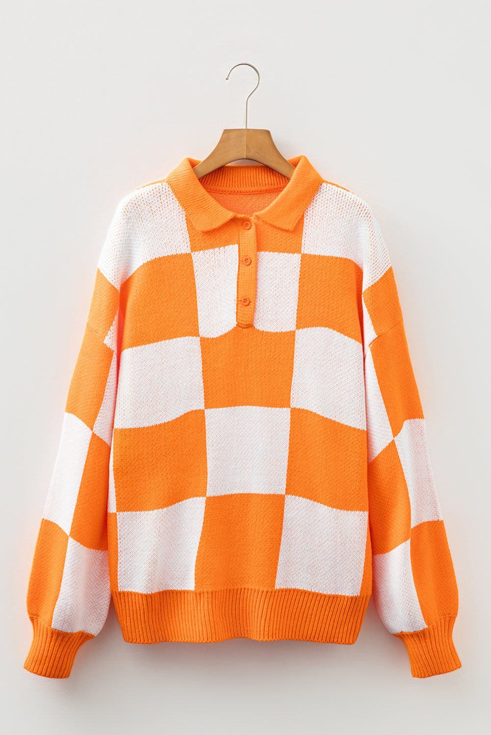 Checkered Polo Collar Loose Knit Sweater