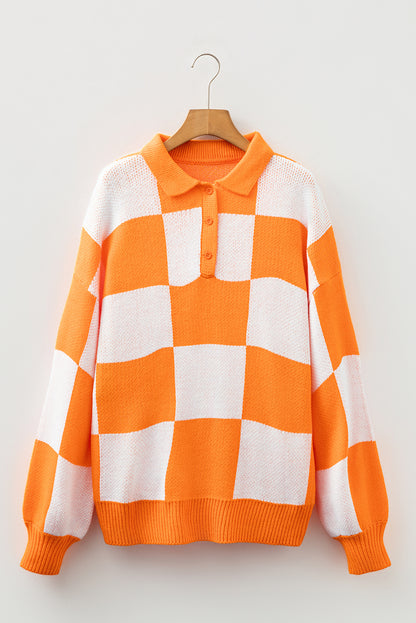 Checkered Polo Collar Loose Knit Sweater