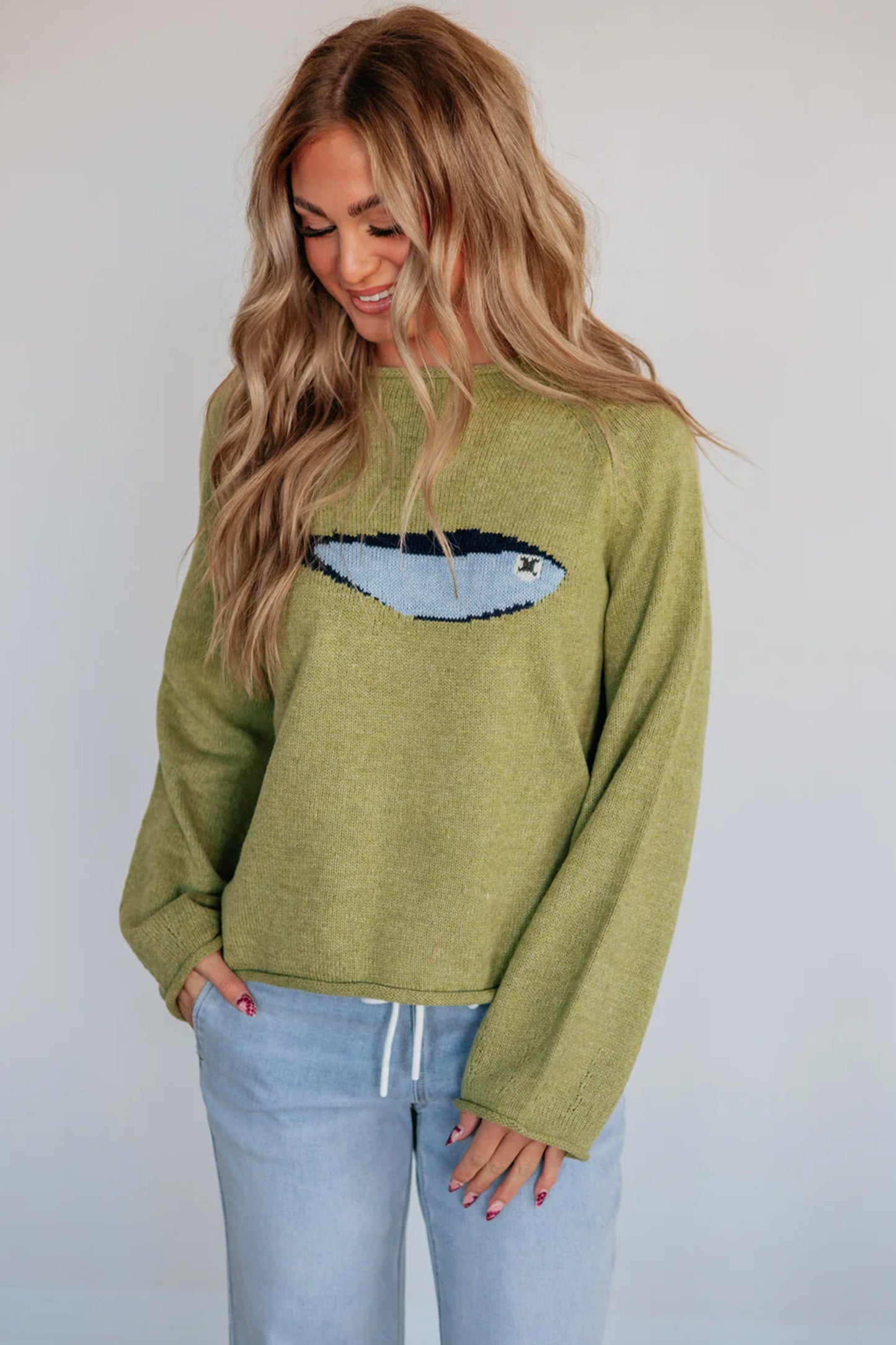 Meadow Mist Green Fish Graphic Oversized Knit Sweater