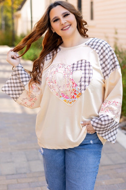 Plaid Floral Peace Heart Graphic Wide Long Sleeve Top