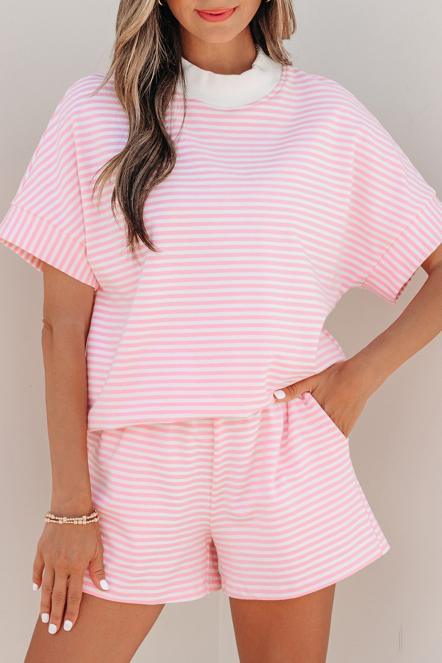Casual Stripe 2 Piece Short Set Women Lounge Outfit