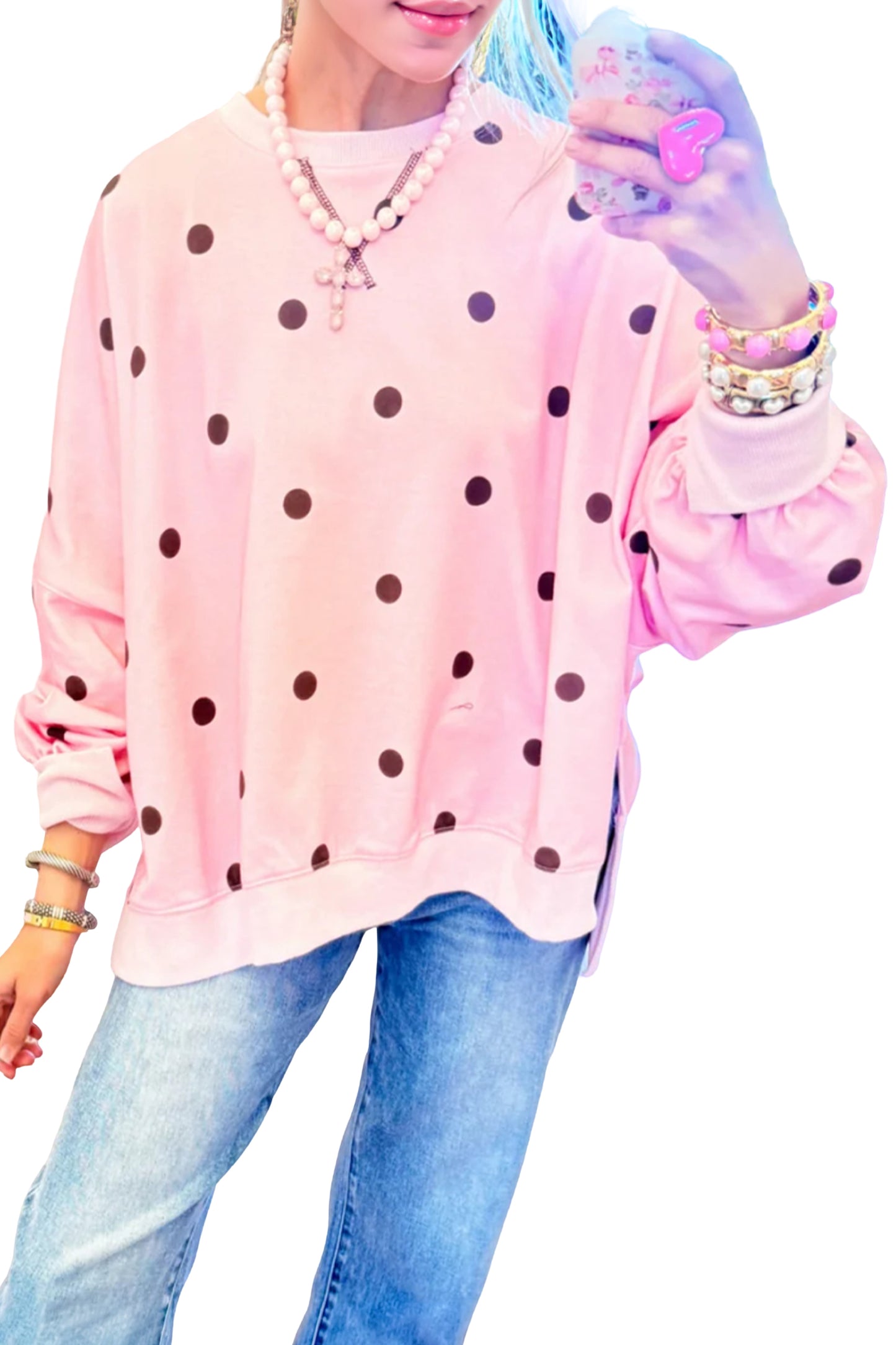 Polka Dot Oversized Long Sleeve Tee Split Hem