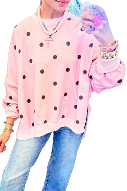 Polka Dot Oversized Long Sleeve Tee Split Hem