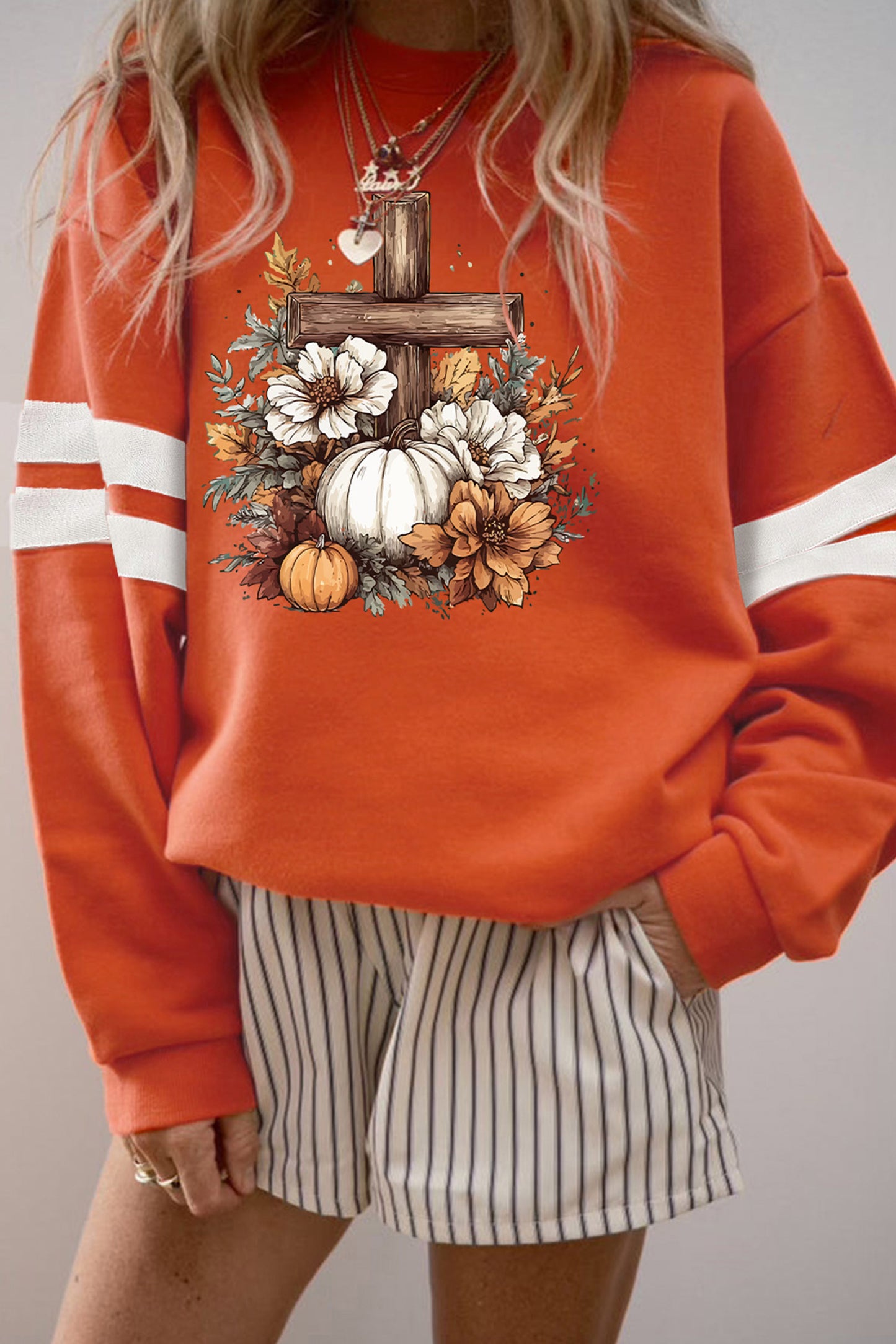 Thanksgiving Pumpkin Cross Floral Graphic Sweatshirt