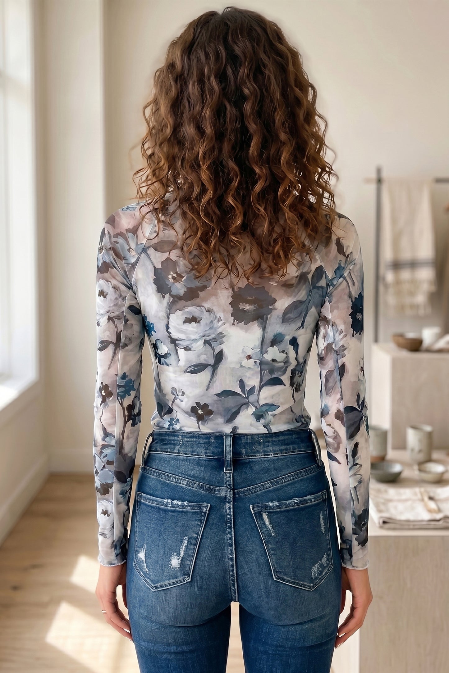 Blue Floral Mesh Mock Neck Long Sleeve Top