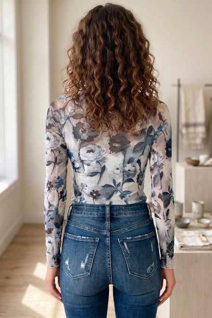 Blue Floral Mesh Mock Neck Long Sleeve Top