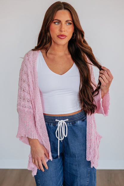 Old Rose Hollow Knit Drop Shoulder Cardigan Sweater