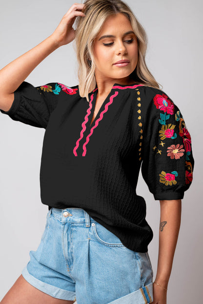 Floral Embroidered Ricrac Puff Sleeve Textured Blouse