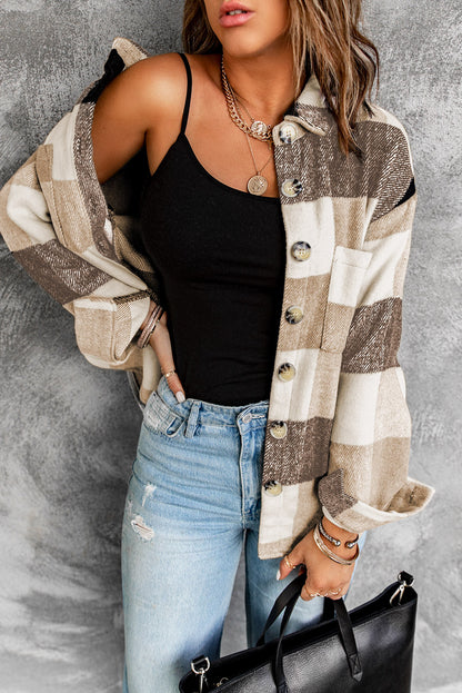 Plaid Colorblock Long Sleeve Jacket with Pockets – Casual Chic