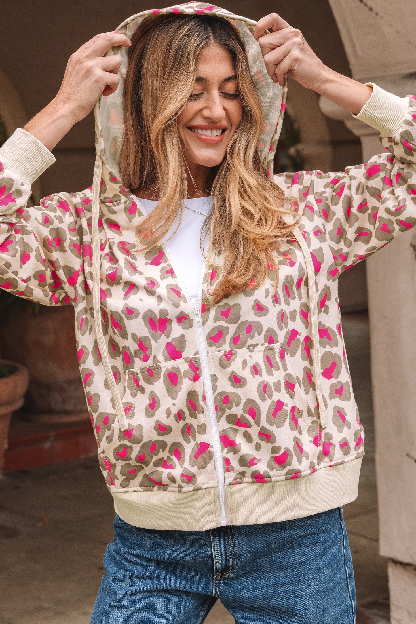 Rose Leopard Print Zip Up Hoodie with Pockets