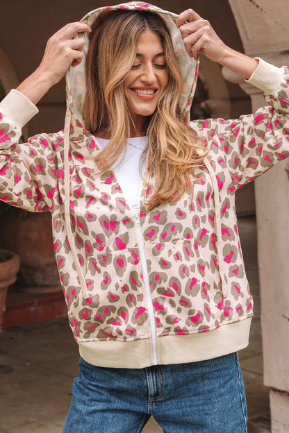 Rose Leopard Print Zip Up Hoodie with Pockets