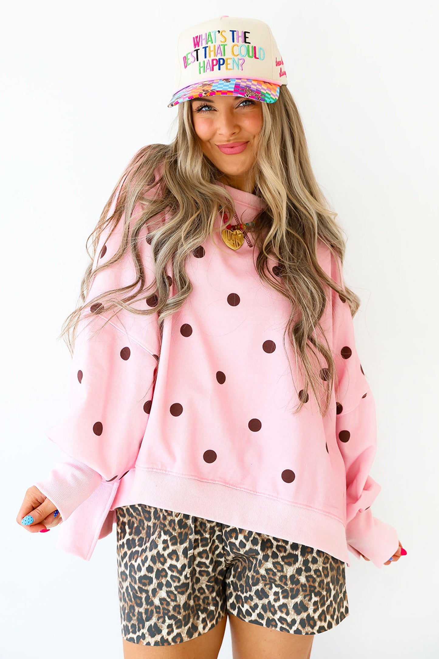 Polka Dot Oversized Long Sleeve Tee Split Hem