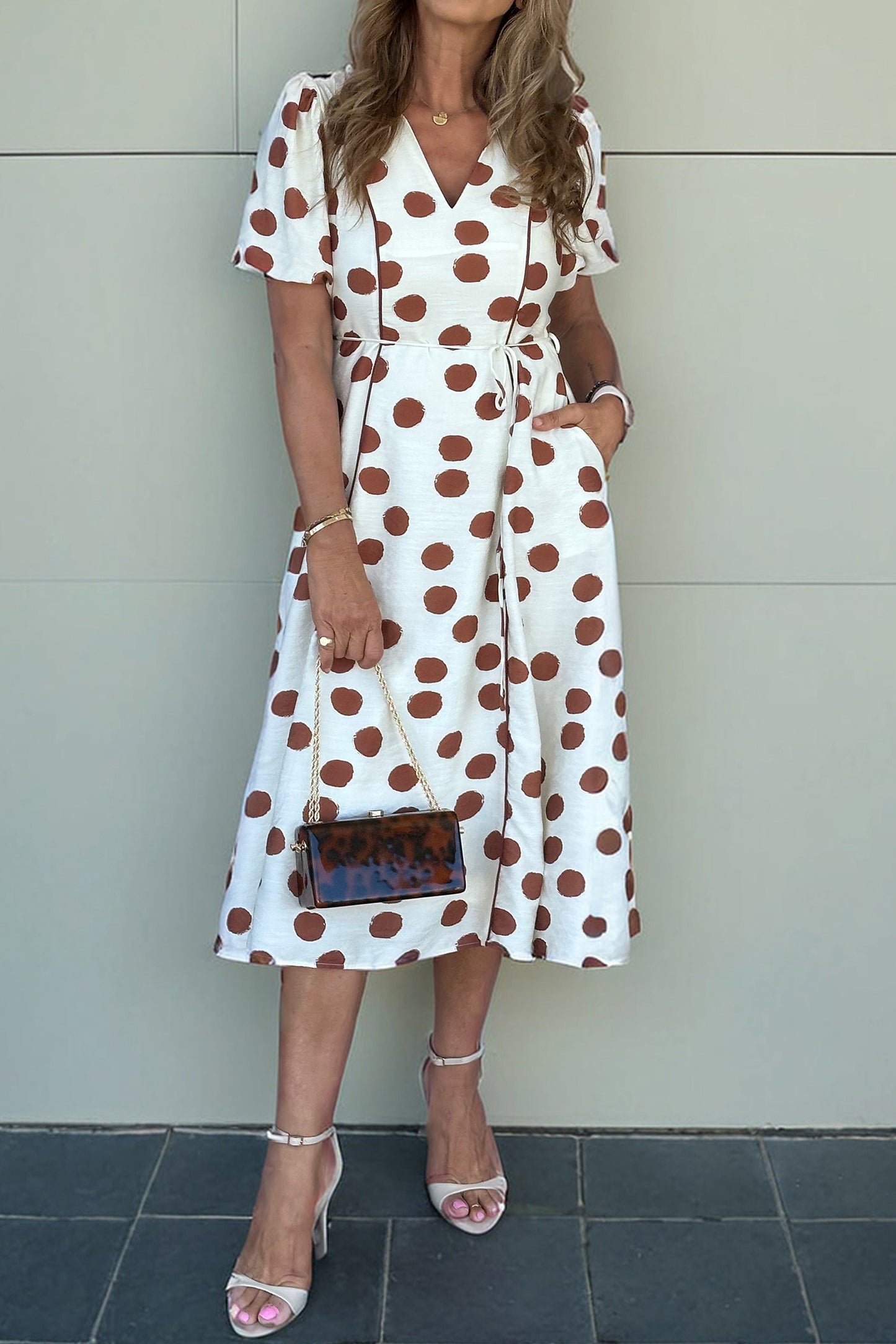 Polka Dot V Neck Tie Waist Short Sleeve Midi Dress