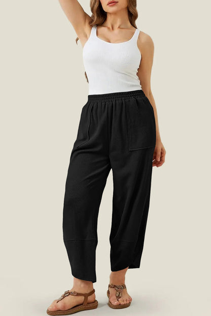 Black Plus Size Elastic Waist Asymmetrical Loose Capris Pants