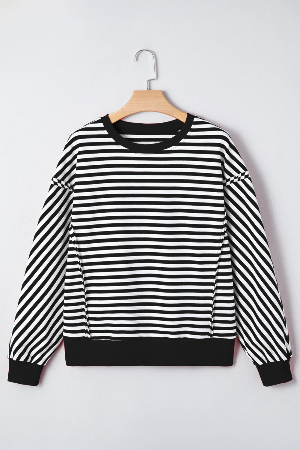 Red Stripe Oversized Pullover Exposed Seam Long Sleeve Top