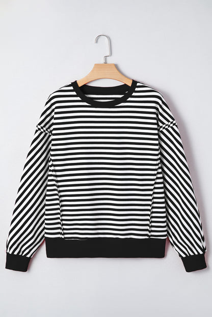 Red Stripe Oversized Pullover Exposed Seam Long Sleeve Top