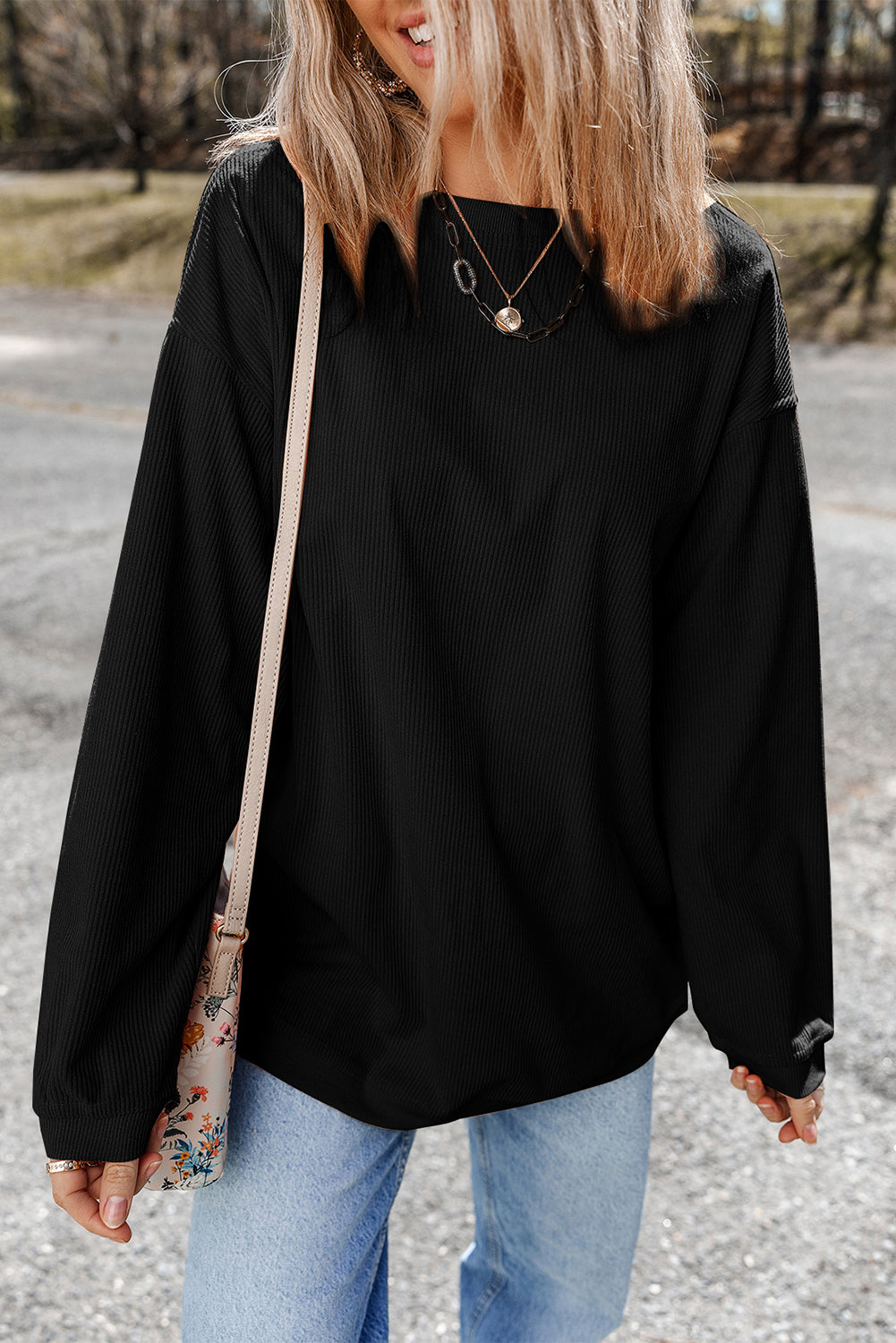 Black Ribbed Corduroy Oversized Pullover Sweatshirt