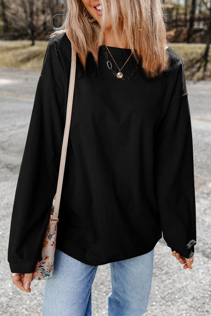Black Ribbed Corduroy Oversized Pullover Sweatshirt